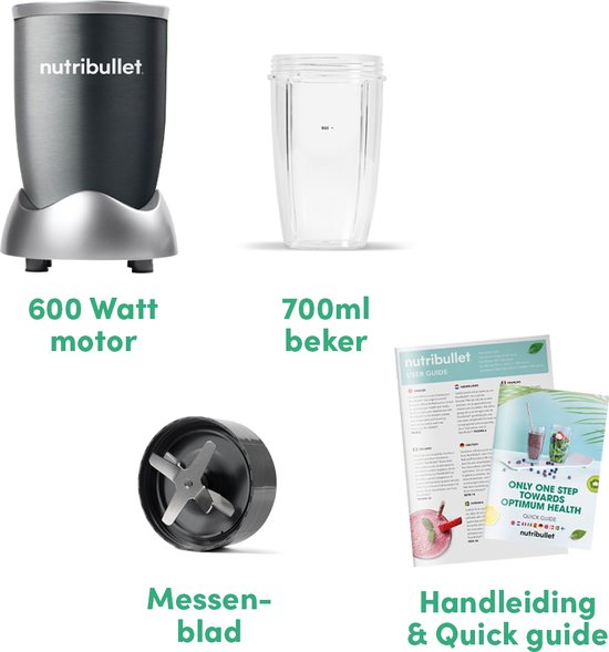 Nutribullet blender met 600 Watt motor, 700ml beker, messen en handleiding.