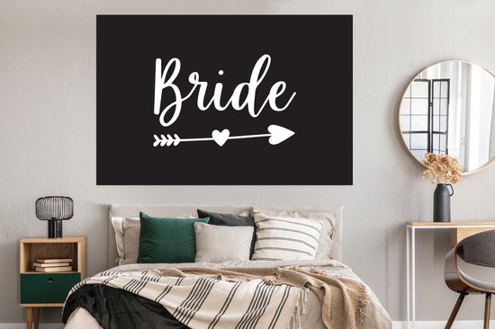 Poster Flèche dans un coeur avec le mot mariée sur fond noir - 180x120 cm XXL