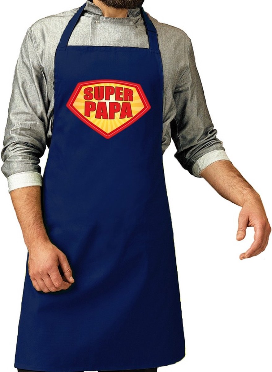 Super papa barbeque schort / keukenschort kobalt blauw voor heren - bbq schorten