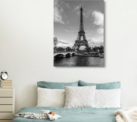 Toile Peinture Tour Eiffel vue de la Seine - noir et blanc - 120x160 cm - Décoration murale XXL