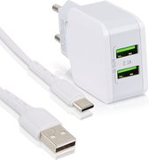 Universele USB Stekker met 2 USB-A Poorten inclusief USB-C Kabel - 2.1A Snellader + Type-C Kabel 1 Meter - Wit