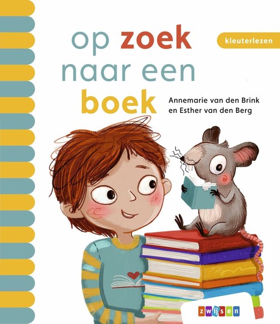 Een jongen met een stapel boeken en een muisje dat leest. Met tekst in het Nederlands: 'op zoek naar een boek' en 'kleuterlezen'.