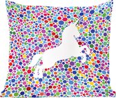 Sierkussens - Kussen - Een illustratie van een witte eenhoorn op een kleurrijke achtergrond - 45x45 cm - Kussen van katoen