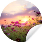 WallCircle - Muurstickers - Behangcirkel - Bloemen - Roze - Zonsondergang - Natuur - Weide - Horizon - 30x30 cm - Muurcirkel - Zelfklevend - Ronde Behangsticker