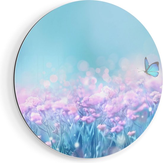 Artaza Dibond Muurcirkel Twee Blauwe Vlinders Bij Roze Bloemen - Ø 50 cm - Klein - Wandcirkel - Rond Schilderij - Voor Binnen en Buiten