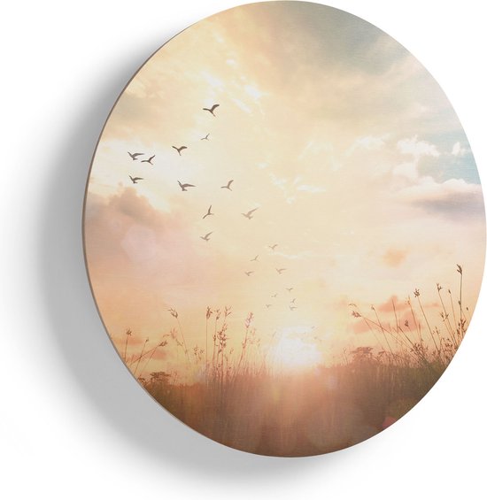 Artaza Houten Muurcirkel - Silhouet Vogels Tijdens Zonsopkomst - Ø 90 cm - Groot - Multiplex Wandcirkel - Rond Schilderij