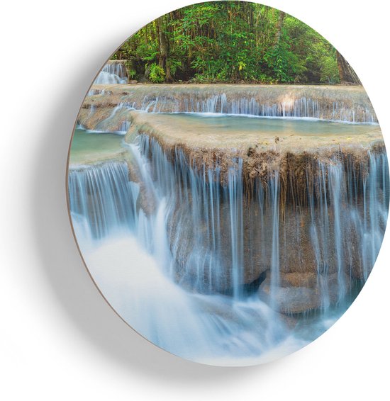 Artaza Houten Muurcirkel - Waterval In Het Bos In Thailand - Ø 80 cm - Groot - Multiplex Wandcirkel - Rond Schilderij