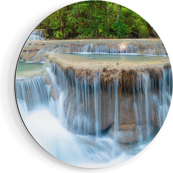 Artaza Dibond Muurcirkel Waterval In Het Bos In Thailand - Ø 60 cm - Wandcirkel - Rond Schilderij - Voor Binnen en Buiten