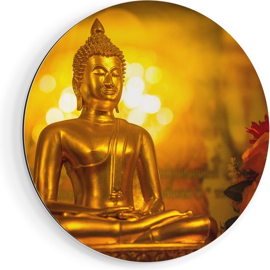 Artaza Dibond Muurcirkel Gouden Boeddha Beeld - Ø 90 cm - Groot - Wandcirkel - Rond Schilderij - Voor Binnen en Buiten