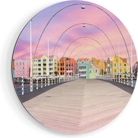 Artaza Dibond Muurcirkel Willemstad Gekleurde Huisjes in Curaçao  - Ø 70 cm - Wandcirkel - Rond Schilderij - Voor Binnen en Buiten