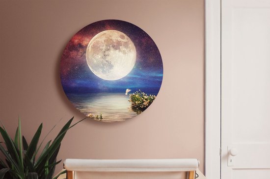 Artaza Dibond Cercle Mural Pleine Lune dans le Ciel au-dessus de l' Water - Ø 70 cm - Cercle Mural - Tableau Rond - Pour Intérieur et Extérieur
