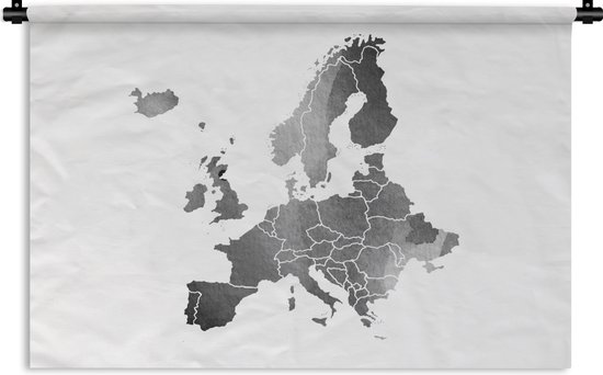 Wandkleed - Wanddoek - Europakaart in waterverf - zwart wit - 60x40 cm - Wandtapijt
