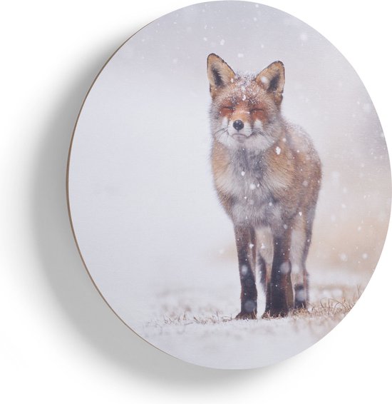 Artaza Houten Muurcirkel - Vos in de Sneeuw - Ø 50 cm - Klein - Multiplex Wandcirkel - Rond Schilderij