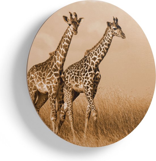 Artaza Muurcirkel - Twee Giraffes In Het Veld - Wandcirkel - Rond Schilderij