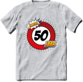 50 Jaar Hoera Verkeersbord T-Shirt | Grappig Abraham Verjaardag Cadeau | Dames - Heren | - Licht Grijs - Gemaleerd - S