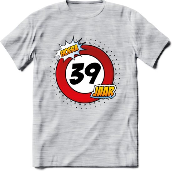 39 Jaar Hoera Verkeersbord T-Shirt | Grappig Verjaardag Cadeau | Dames - Heren | - Licht Grijs - Gemaleerd - XL