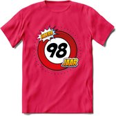 98 Jaar Hoera Verkeersbord T-Shirt | Grappig Verjaardag Cadeau | Dames - Heren | - Roze - XL