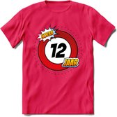 12 Jaar Hoera Verkeersbord T-Shirt | Grappig Verjaardag Cadeau | Dames - Heren | - Roze - XL