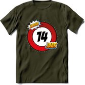 14 Jaar Hoera Verkeersbord T-Shirt | Grappig Verjaardag Cadeau | Dames - Heren | - Leger Groen - L