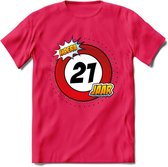 21 Jaar Hoera Verkeersbord T-Shirt | Grappig Verjaardag Cadeau | Dames - Heren | - Roze - XL