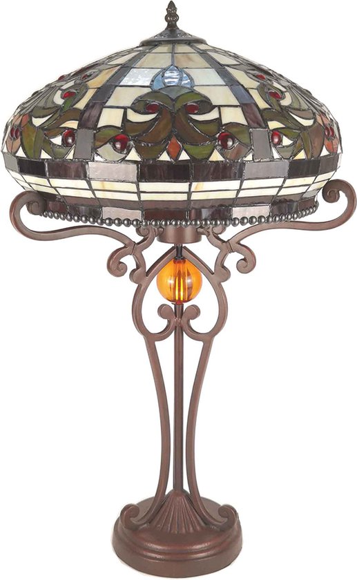 LumiLamp Lampe de table Tiffany Ø 42x72 cm Beige Marron Plastique Verre Lampe de bureau Tiffany