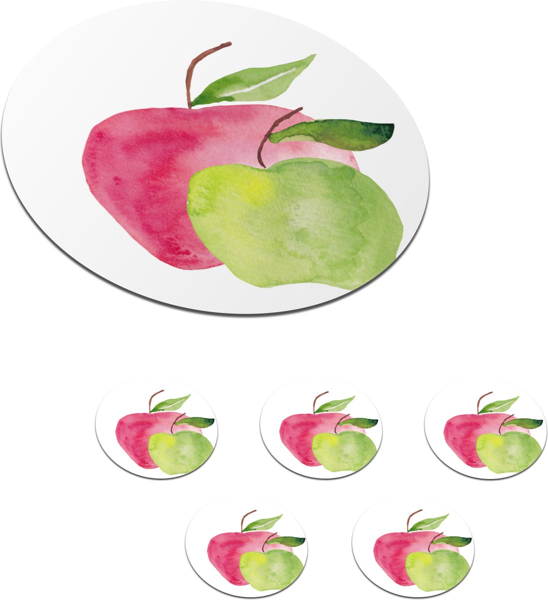Onderzetters voor glazen - Rond - Appels - Aquarel - Wit - 10x10 cm - Glasonderzetters - 6 stuks