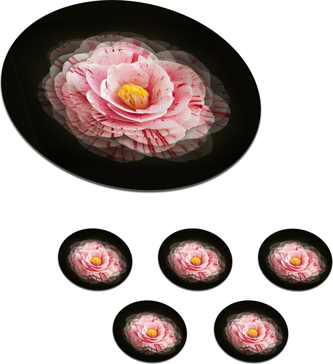 Onderzetters voor glazen - Rond - Bloem - Camelia - Roze - 10x10 cm - Glasonderzetters - 6 stuks