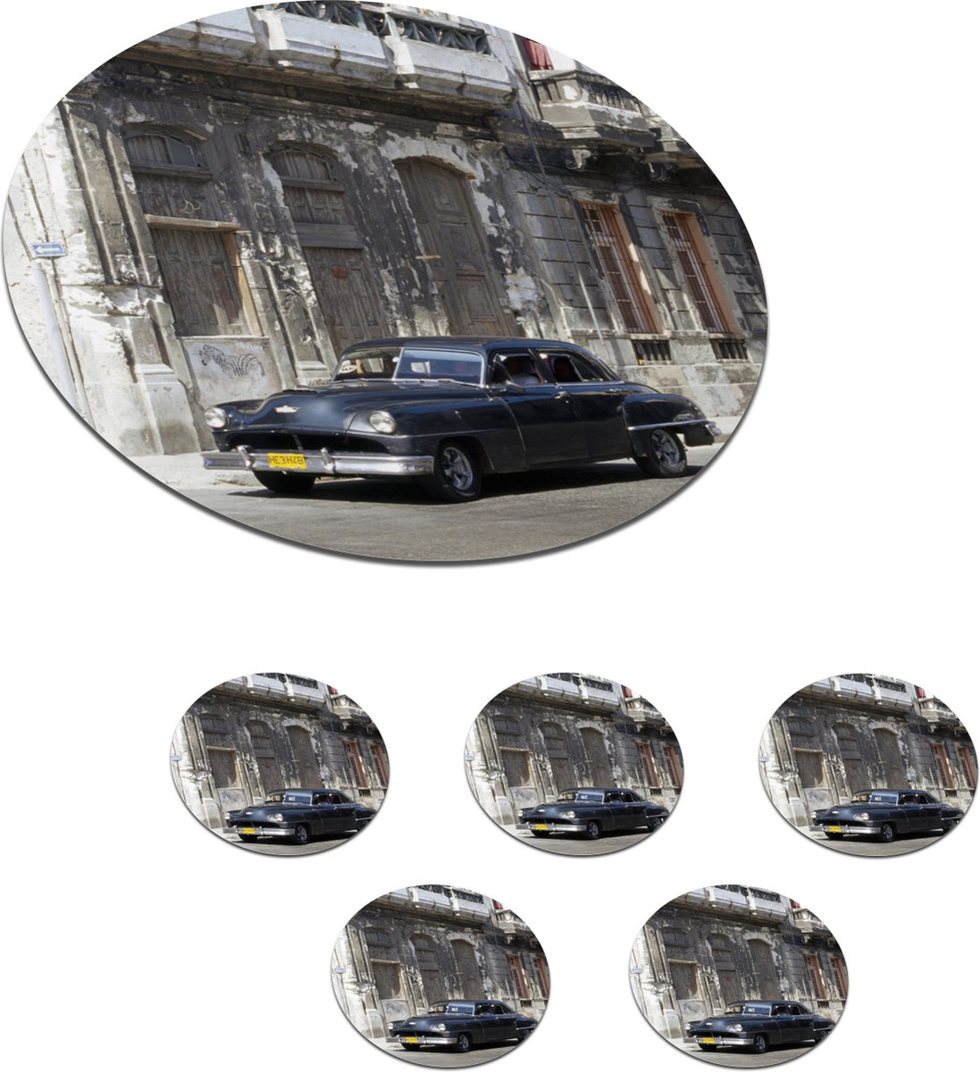 Onderzetters voor glazen - Rond - Cuba - Oldtimer - Auto - 10x10 cm - Glasonderzetters - 6 stuks