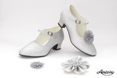 zilver glitter schoenen met hakken + bloemclips + broche (maat 36 - 23cm) prinsessenschoenen kind