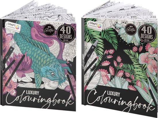 Craft Sensations Colouringbook Luxury with Glitter | Set van 2 | 250 grams | Dik Kleurpapier | geschikt voor markers & kleurpotloden | Elk kleurboek voorzien van 40 pagina's | Kleurboek voor volwassenen | 80 designs in totaal