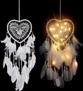 Telestore - dreamcatcher - Dreamcatcher - avec 20 lumières d'éclairage LED - blanc - plumes - perles - coeur coeurs amour - éclairage d'ambiance - décoration de la maison