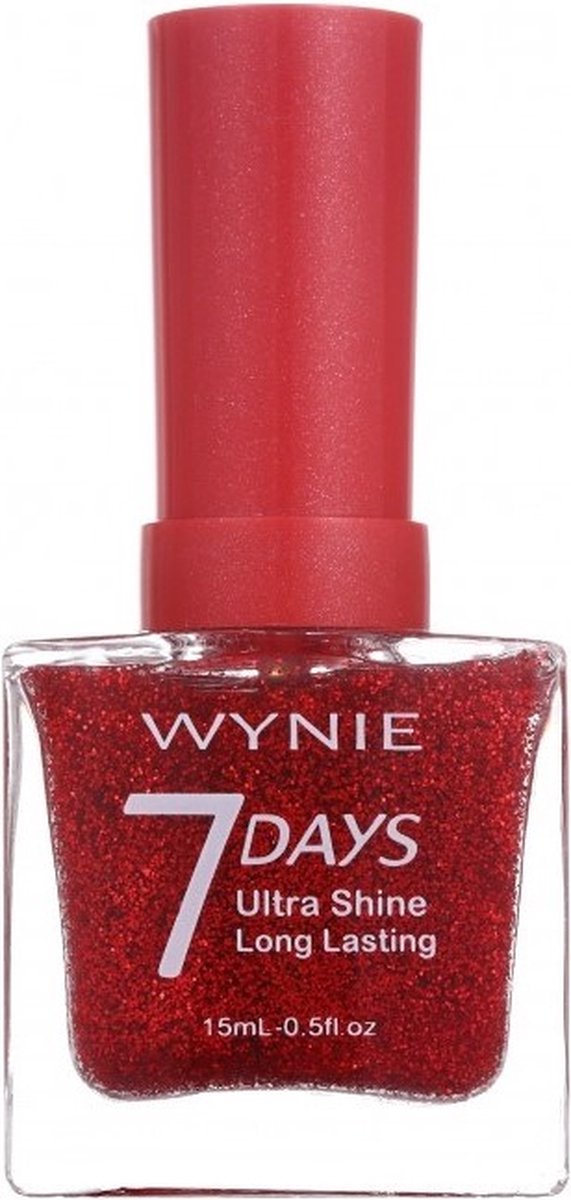 Wynie - Nagellak 7 Days Ultra Shine Long Lasting - Transparant met rode glitters - 1 flesje met 15 ml inhoud - Nummer 702