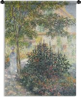 Wandkleed - Wanddoek - Camille Monet in the garden at the house in Argenteuil - schilderij van Claude Monet - 90x120 cm - Wandtapijt
