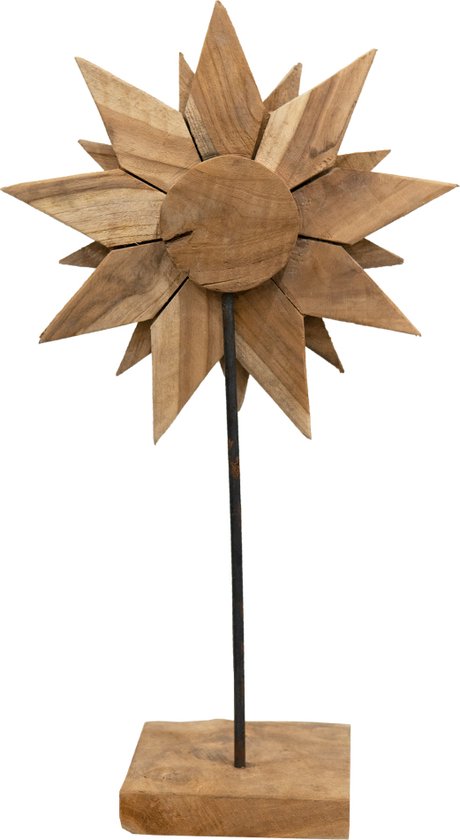 JoJo Living Woonaccessoires - Ornament - Teakhouten zonnebloem - Ornament op voet - Teakhouten zonnebloem 55cm - Handgemaakt