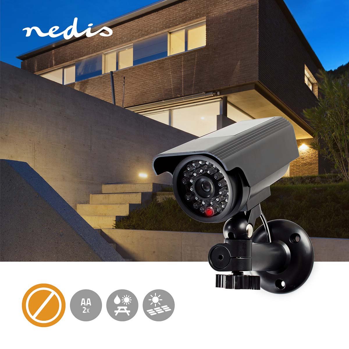 Nedis Dummy Beveiligingscamera - Bullet - IP44 - Batterij Gevoed / Solar Powered - Buiten - Inclusief muurbeugel - Zwart – foto 6