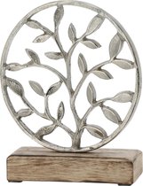 Decoratie levensboom rond van aluminium op houten voet 20 cm zilver - Tree of life