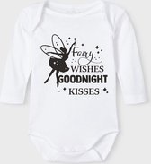 Baby Rompertje met tekst 'Fairy wishes, goodnight kisses' | Lange mouw l | wit zwart | maat 62/68 | cadeau | Kraamcadeau | Kraamkado