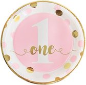 Kartonnen Bordjes 1st Birthday roze /Goud 18 cm (8st) verjaardag 1 jaar