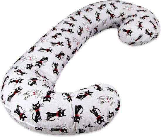Voedingskussen - Body pillow - 240 cm - 100% katoen - grijs met zwart witte poesjes
