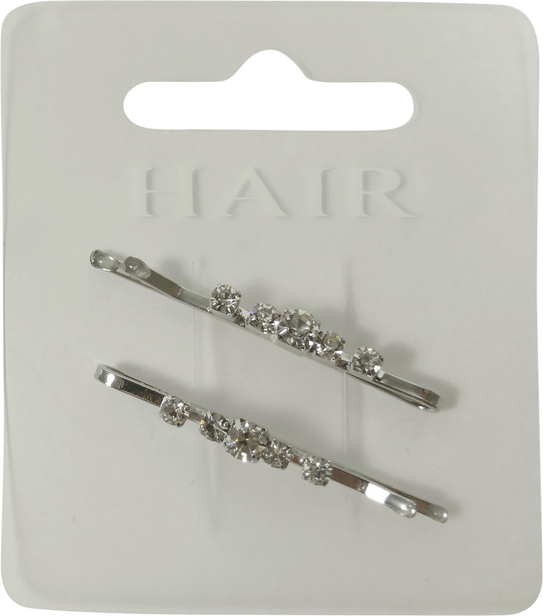 Haarspeld - Haarschuifje 3.5cm met 5 Strass Steentjes - Zilver - 2 stuks