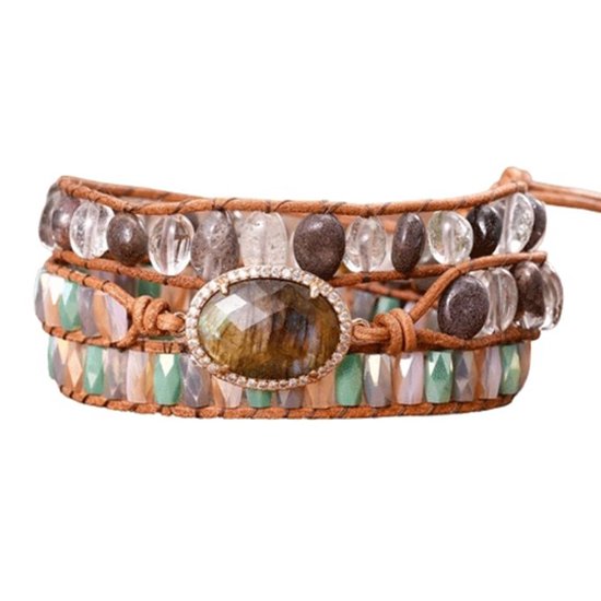 Foto: Marama wikkelarmband leer grey labradorite dames armband labradoriet 50 cm cadeautje voor haar