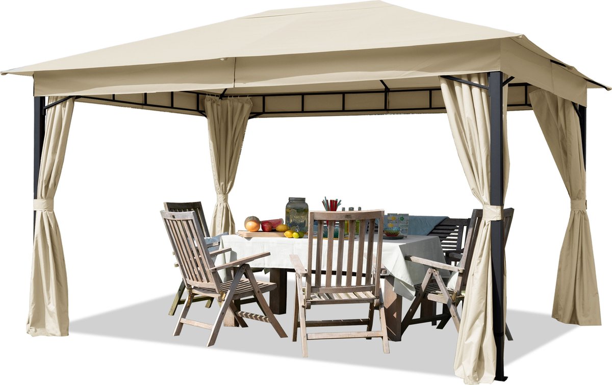 Tuinpaviljoen 3x4 m ca. 180 g/m² dakzeil waterdicht paviljoen 4 zijwanden crème tuintent partytent ca. 6x6 cm profiel