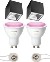 Prima Cliron Pro - Opbouw Vierkant - Mat Zwart/Zilver - Verdiept - 90mm - Philips Hue - Opbouwspot Set GU10 - White and Color Ambiance - Bluetooth