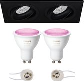 Luxino Borny Pro - Inbouw Rechthoek Dubbel - Mat Zwart - Kantelbaar - 175x92mm - Philips Hue - LED Spot Set GU10 - White and Color Ambiance - Bluetooth