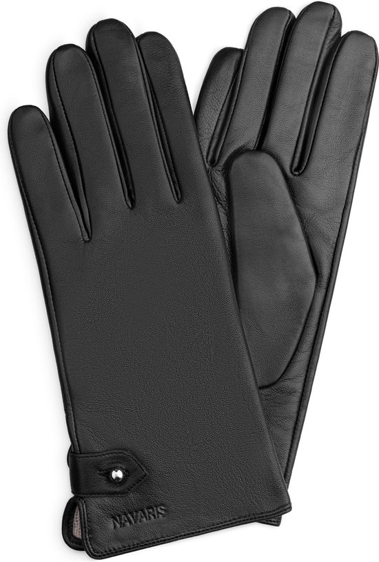 Navaris nappaleren dameshandschoenen voor touchscreen - Met voering van kasjmiermix en knoopsluiting - Zwart - Maat L