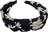 Haarband Diadeem Knoop Bloemen Margriet Print Wit Zwart