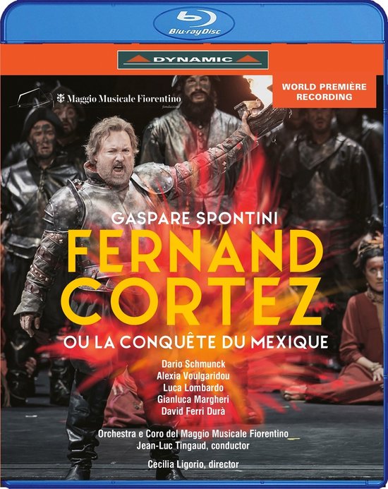 Fernand Cortez, de wereldpremière opname, met een zanger in harnas die een fakkel vasthoudt.