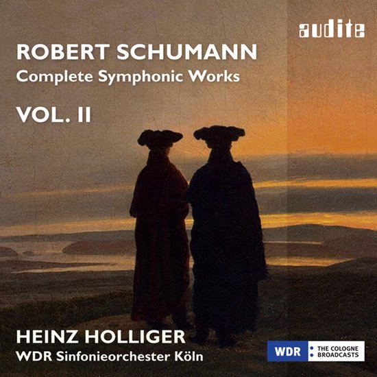 Albumhoes met de tekst 'Robert Schumann Complete Symphonic Works Vol. II' en een schilderij van twee figuren tegen een zonsondergang.
