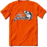 Lets Go Fishing - Vissen T-Shirt | Grappig Verjaardag Vis Hobby Cadeau Shirt | Dames - Heren - Unisex | Tshirt Hengelsport Kleding Kado - Oranje - S