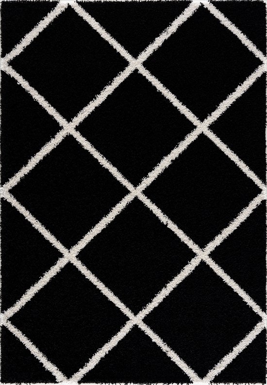 Tapijtenloods Madrid Shaggy Geruit Vloerkleed Zwart Creme Hoogpolig - 120x170 CM